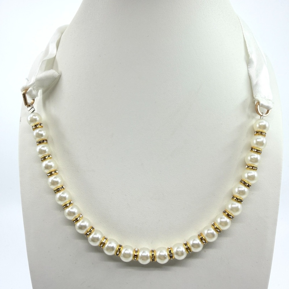 Vintage Y2K Faux Pearl Rhinestone Rondelle White Satin Ribbon Choker Necklace